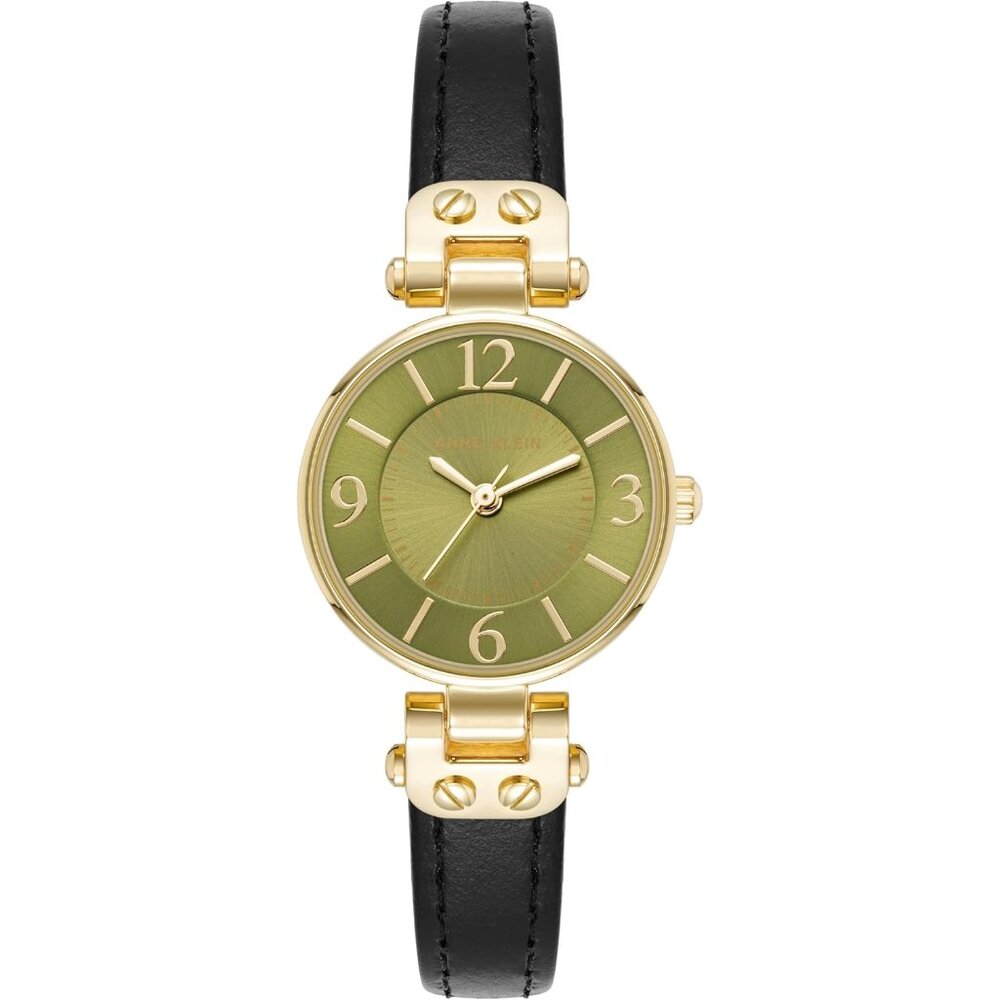 Women's Black/Green Domed Mineral Crystal Lens Leather Strap Closure Watch